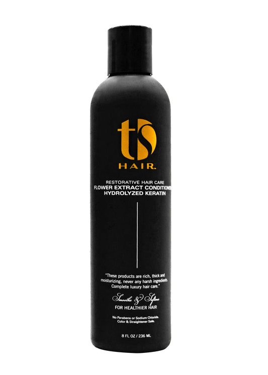 Black hair care product bottle with 'ts Hair' branding on a white background
