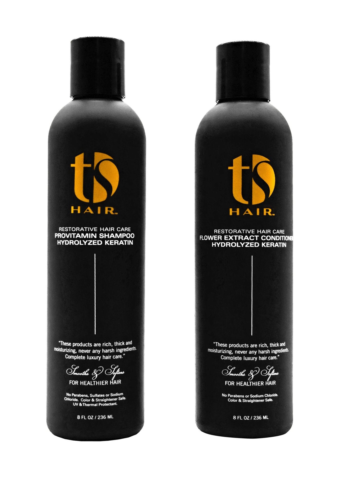 Two black bottles of 'ts Hair' shampoo and conditioner on a white background
