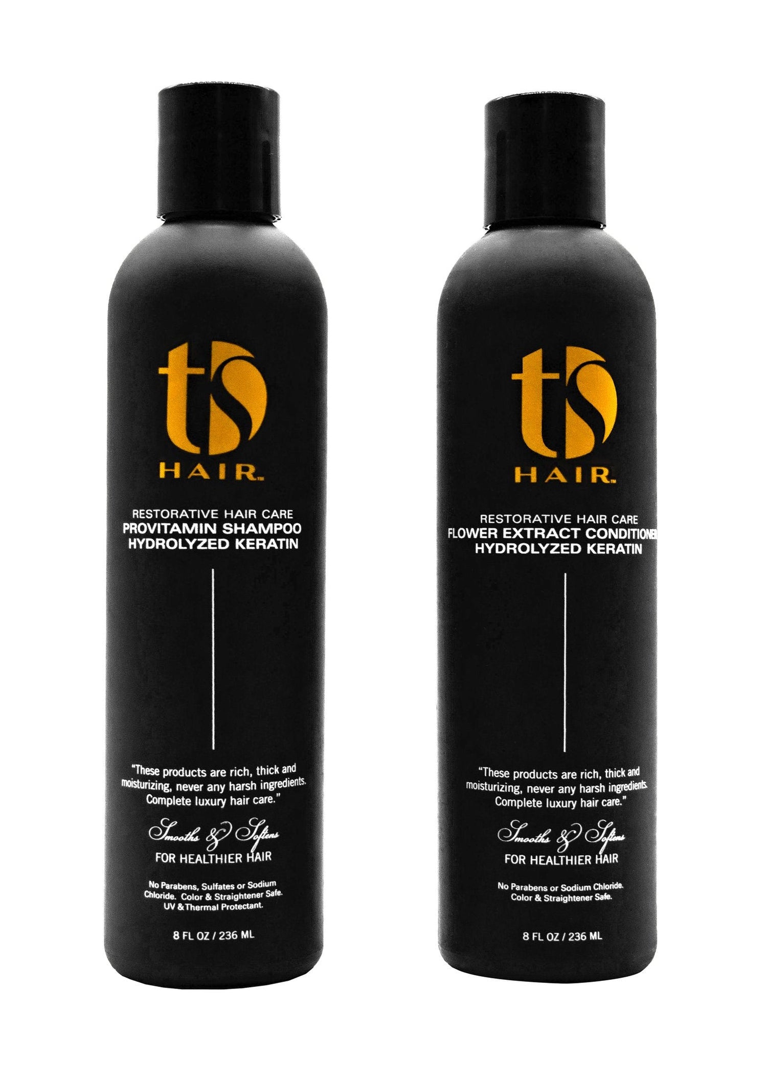 Two black bottles of 'ts Hair' shampoo and conditioner on a white background
